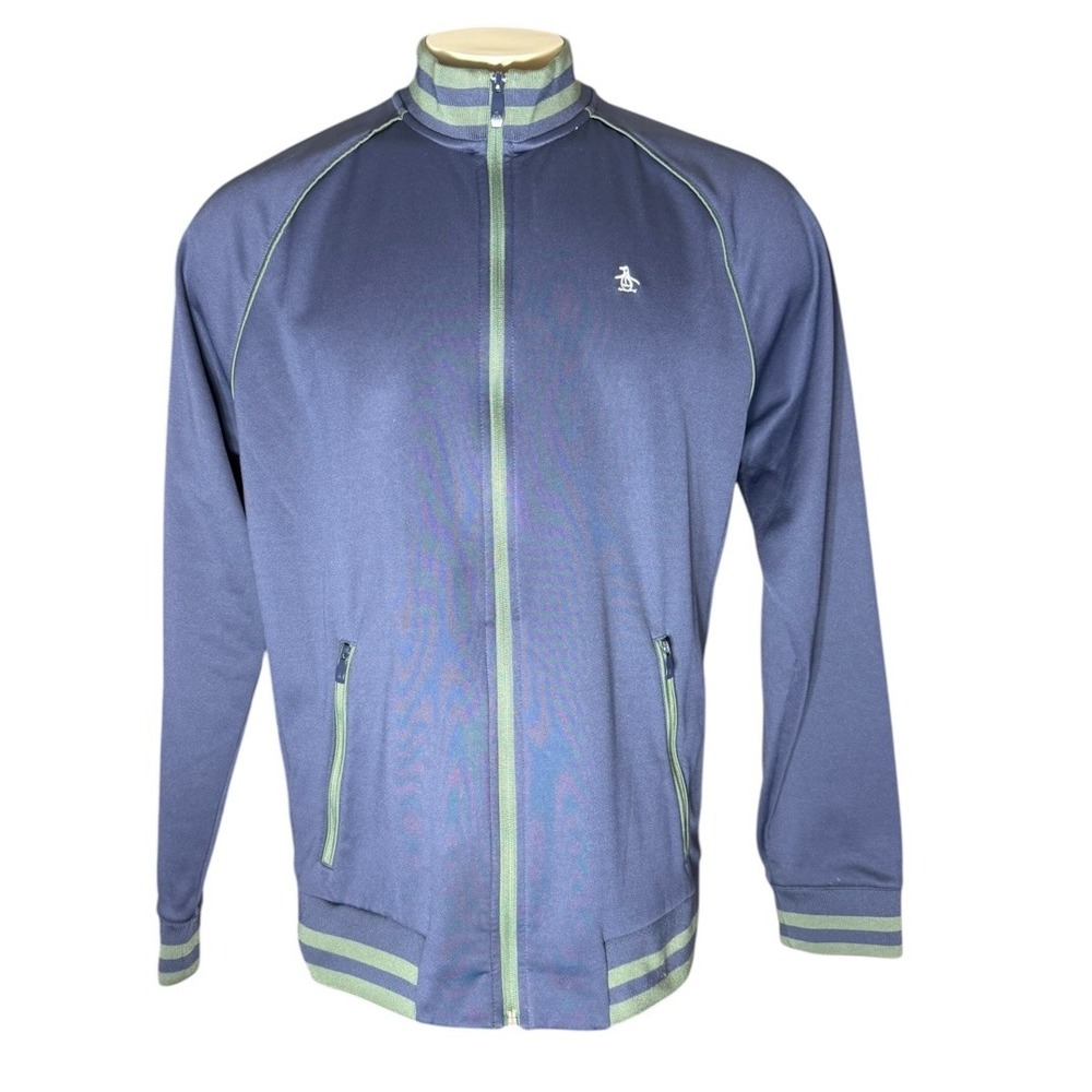 Original Penguin Mens Track Jacket XL Navy Blue Green Stripe Full Zip Mock Neck